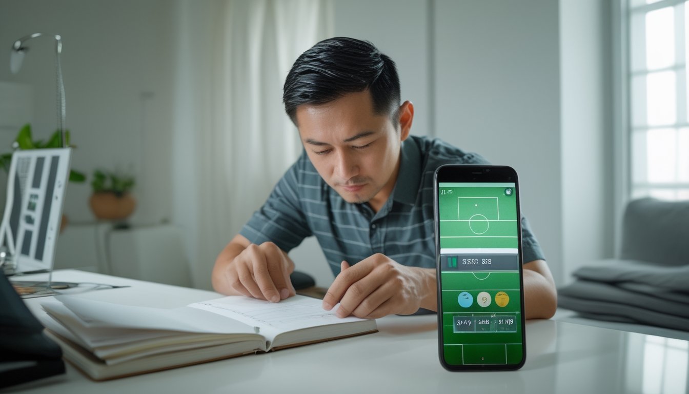 Seorang pria meninjau anggaran di buku catatan sambil menyisihkan sejumlah uang di dekat ponsel yang menampilkan pertandingan sepak bola.