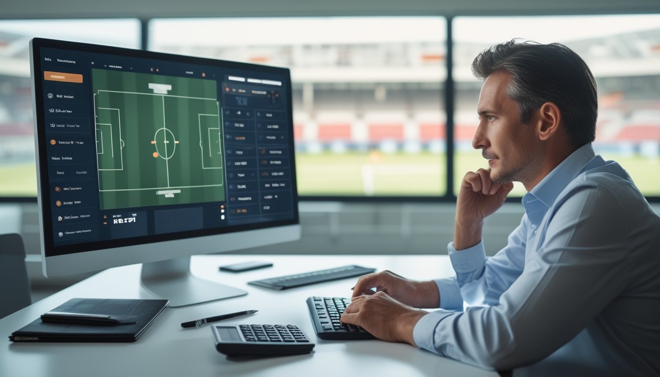 Seorang analis sepak bola mengamati diagram lapangan dan grafik statistik di meja kerja.