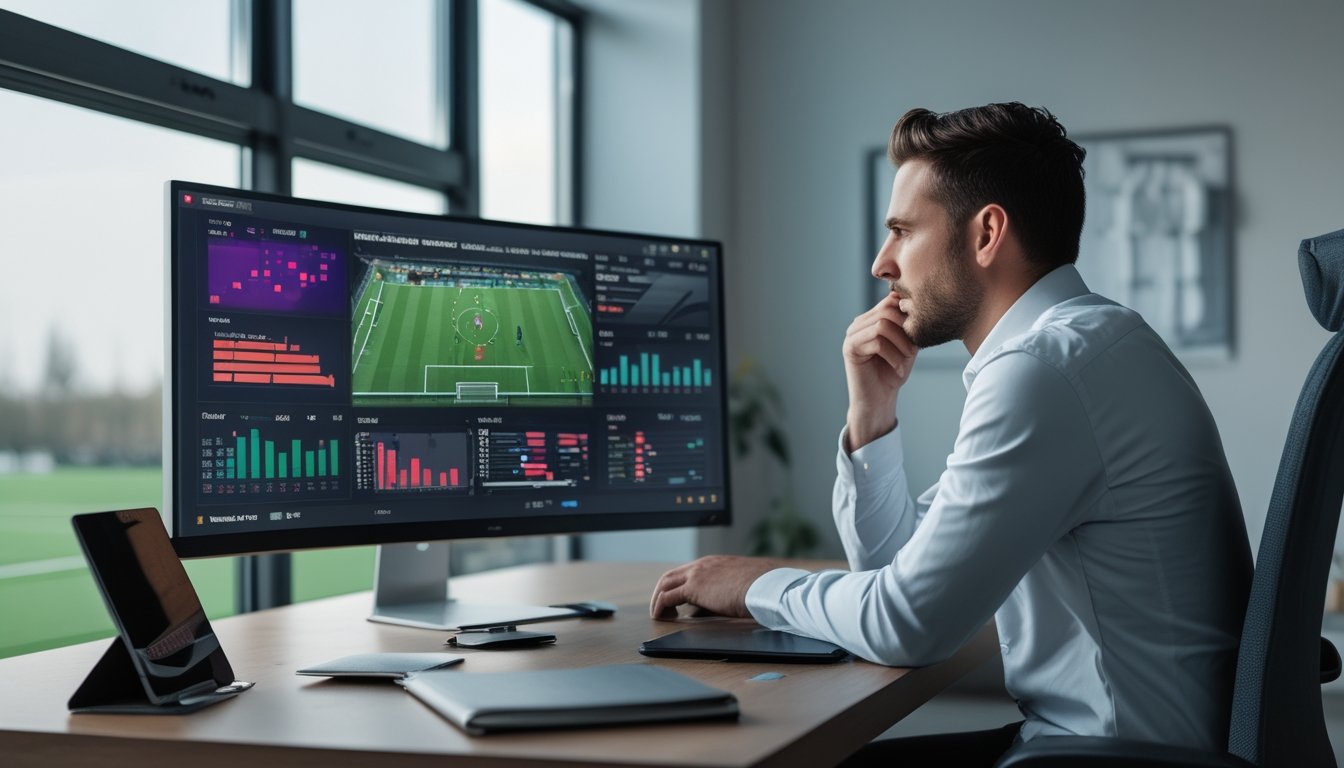 Seorang analis mengamati pertandingan sepak bola dan grafik statistik di layar.