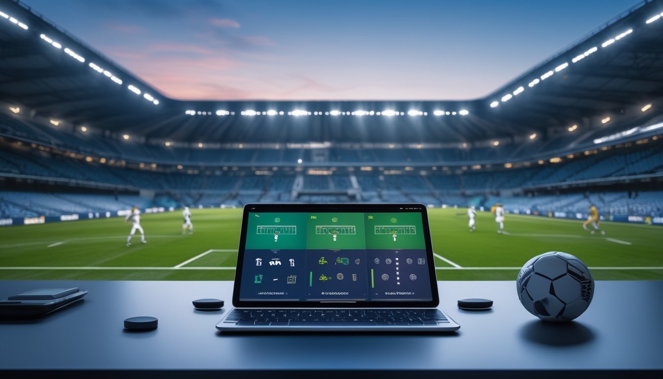 Meja analisis dengan bola sepak dan tablet berisi grafik pertandingan di depan stadion.