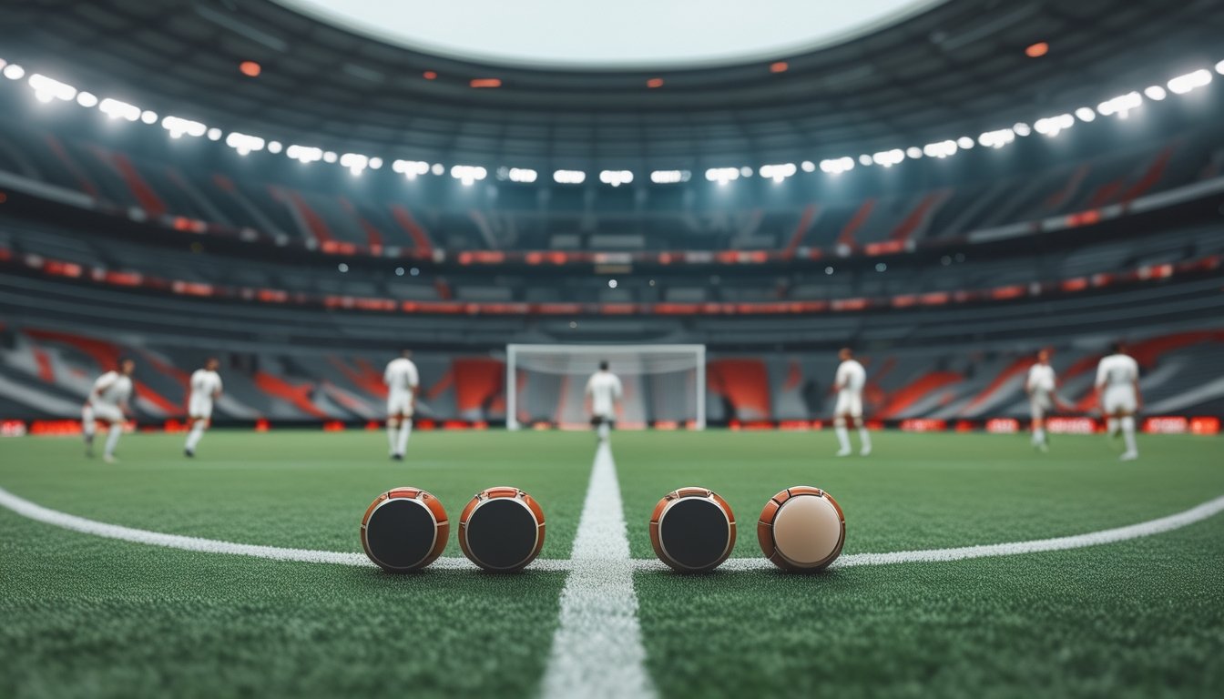 Pemain sepak bola bertanding di stadion dengan tiga kelompok simbol yang menggambarkan jenis pasaran handicap, over/under, dan mix parlay.