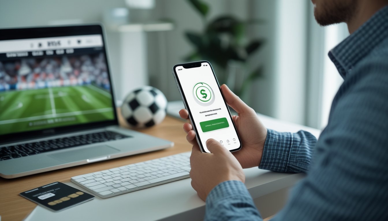 Seseorang menggunakan ponsel di meja dengan laptop yang menampilkan pertandingan sepak bola.