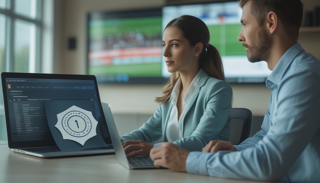 Petugas kepatuhan memeriksa dasbor keamanan taruhan sepak bola di kantor.