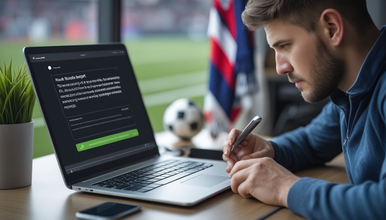 Seorang penggemar sepak bola memeriksa pesan mencurigakan di ponsel sambil memverifikasi identitas agen melalui laptop.