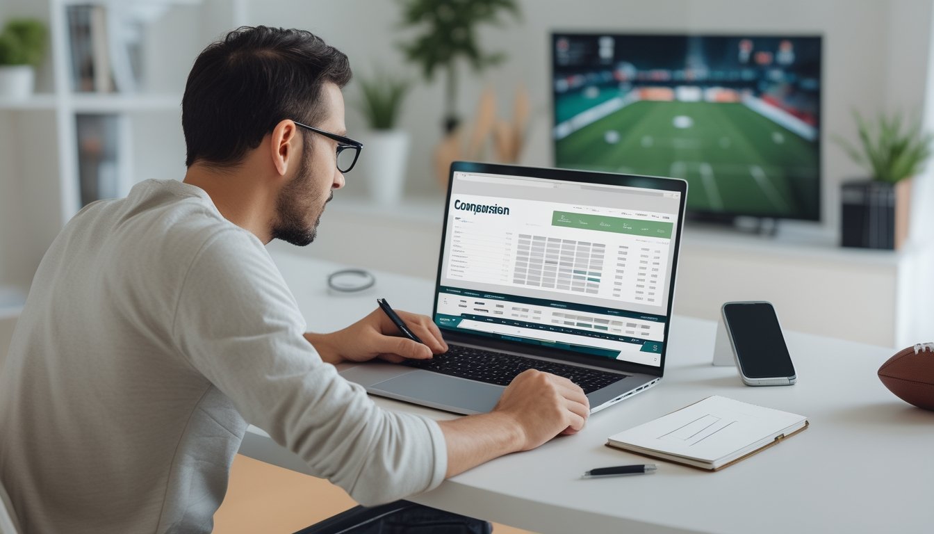 Seorang penggemar sepak bola mempelajari perbandingan tim dan liga di laptop.
