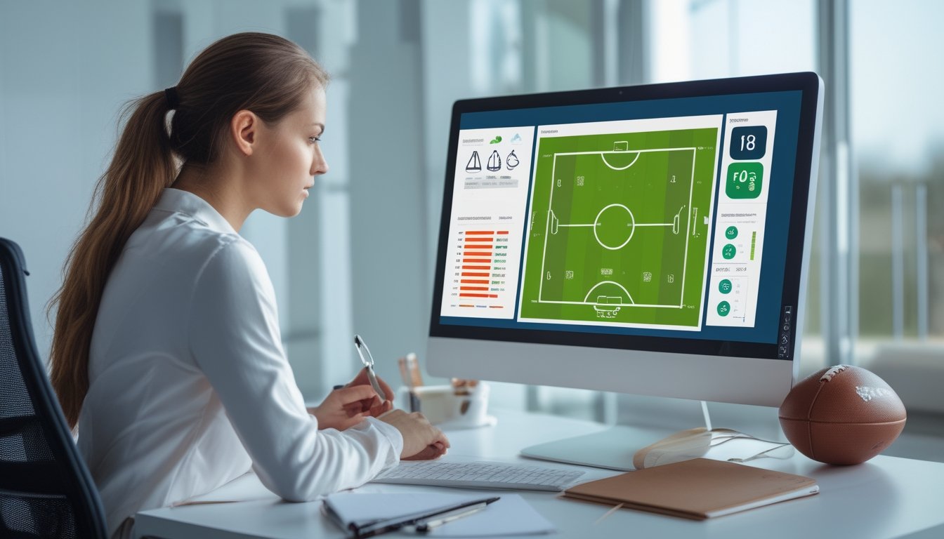 Seorang analis sepak bola pemula membandingkan data liga di layar komputer.