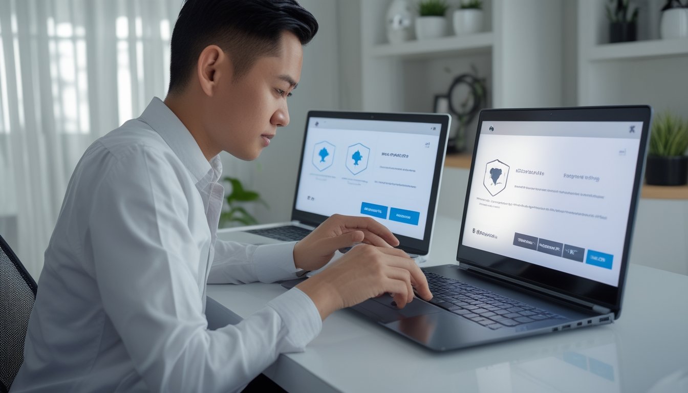 Seorang dewasa Indonesia memeriksa situs permainan daring melalui laptop dan ponsel di ruang kerja.