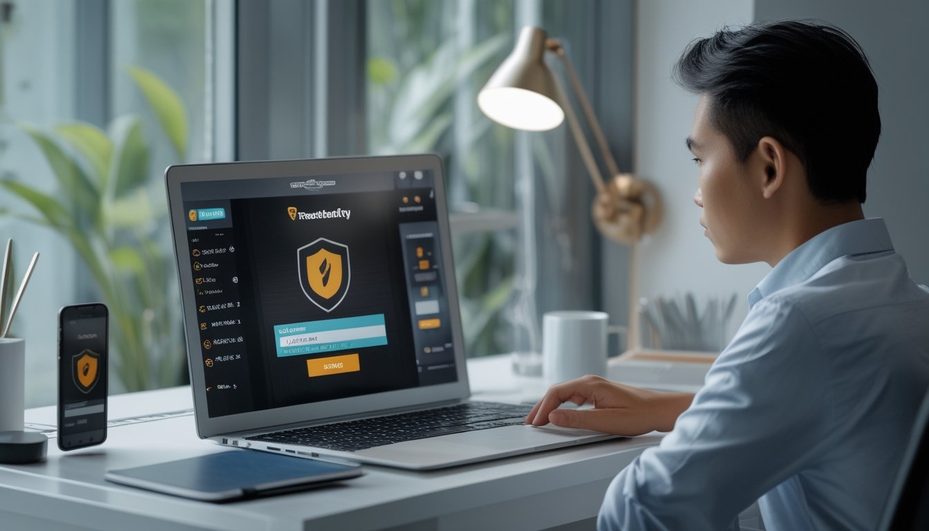 Seseorang memeriksa situs permainan Ceme melalui laptop di meja kerja.