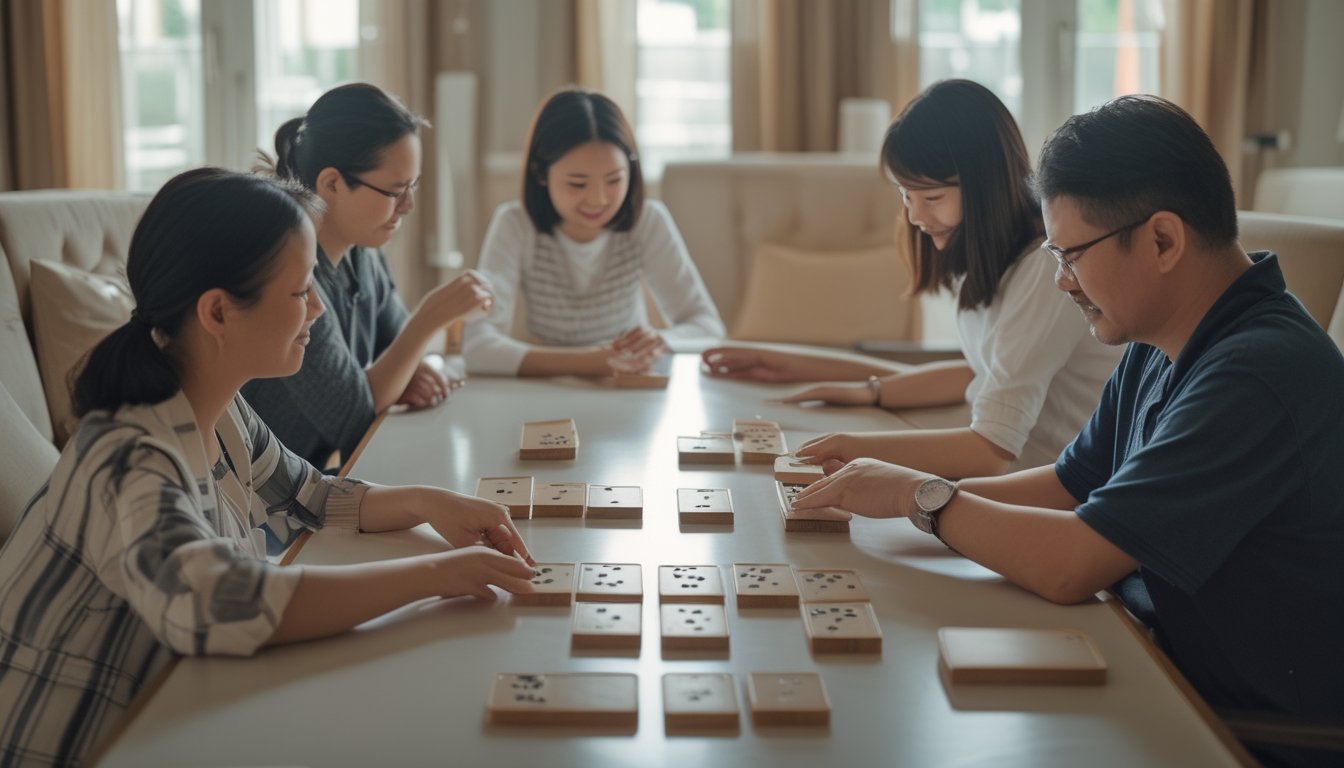 Sekelompok orang dewasa memainkan domino Ceme di meja.