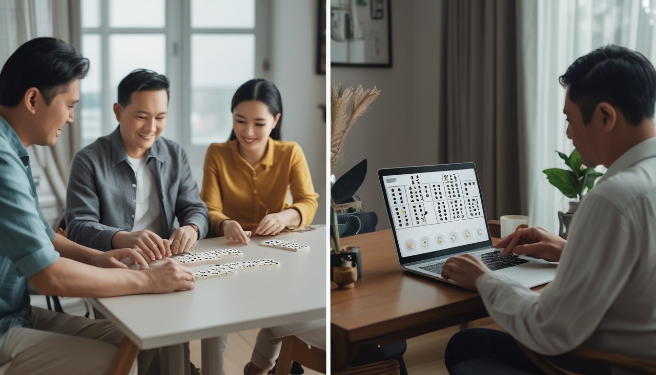 Beberapa orang bermain domino bersama, sementara seseorang memainkan permainan serupa melalui laptop.
