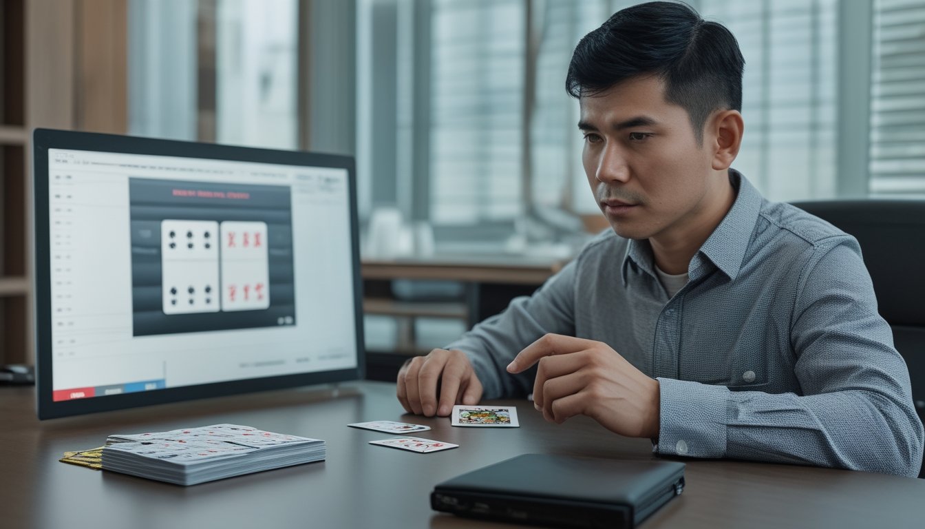 Seorang pria mempelajari kartu di meja dengan laptop terbuka di depannya.