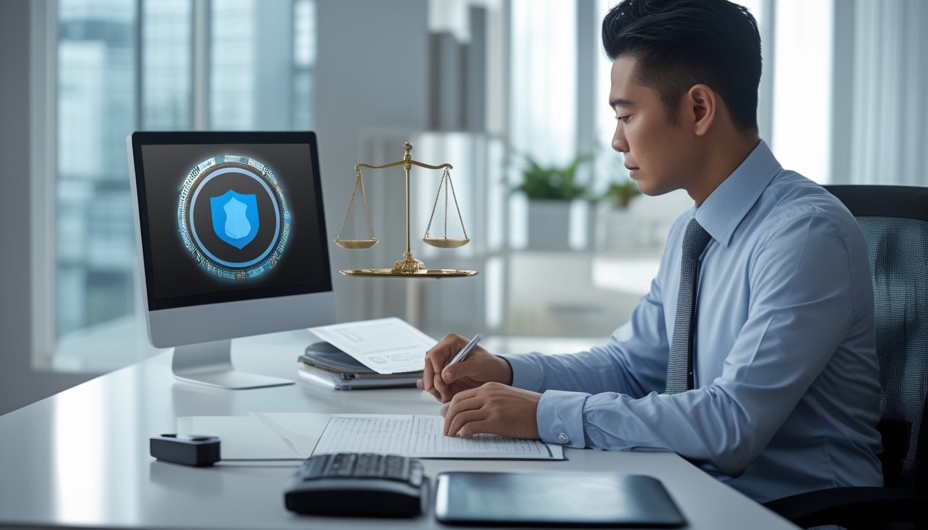 Seorang operator bisnis meninjau dokumen di meja dengan laptop di kantor.