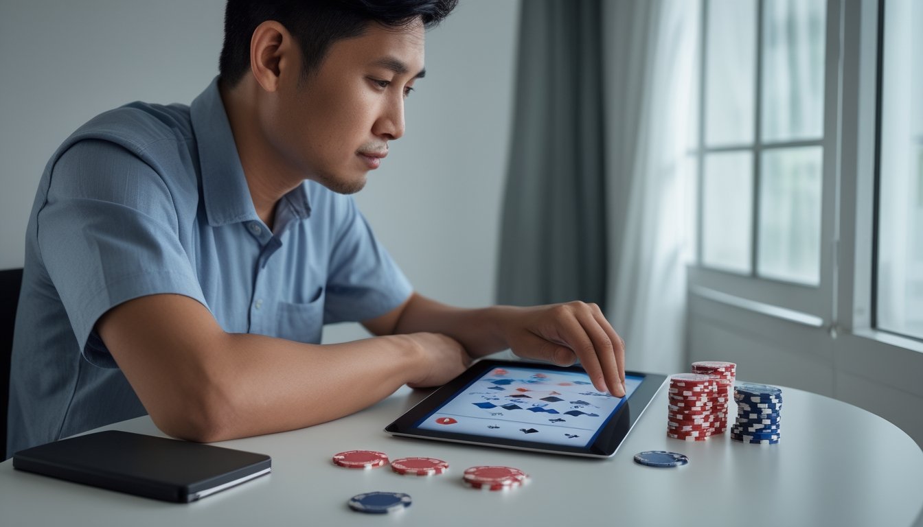 Seorang pria meninjau permainan kartu di tablet dengan tumpukan chip yang tertata di atas meja.