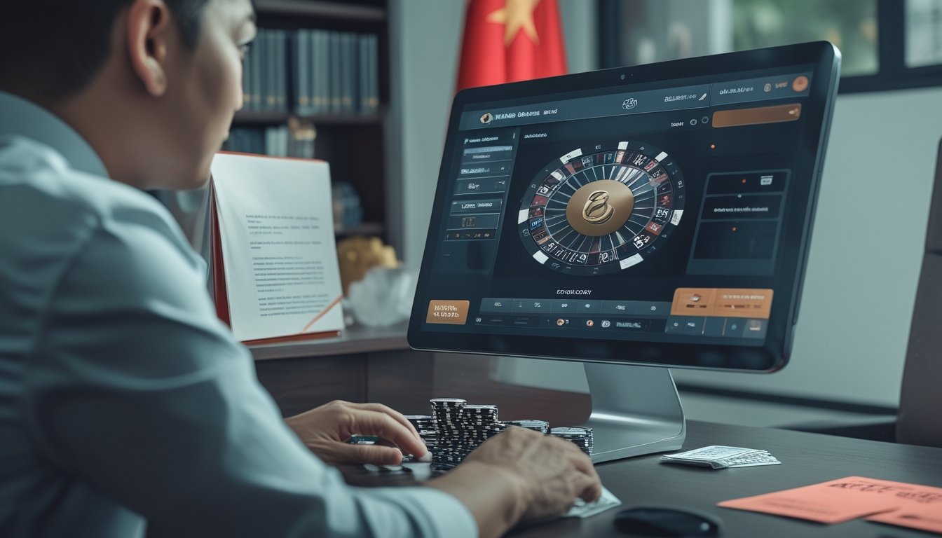 Seorang warga Indonesia memeriksa tampilan taruhan baccarat di laptop dengan dokumen hukum di meja.
