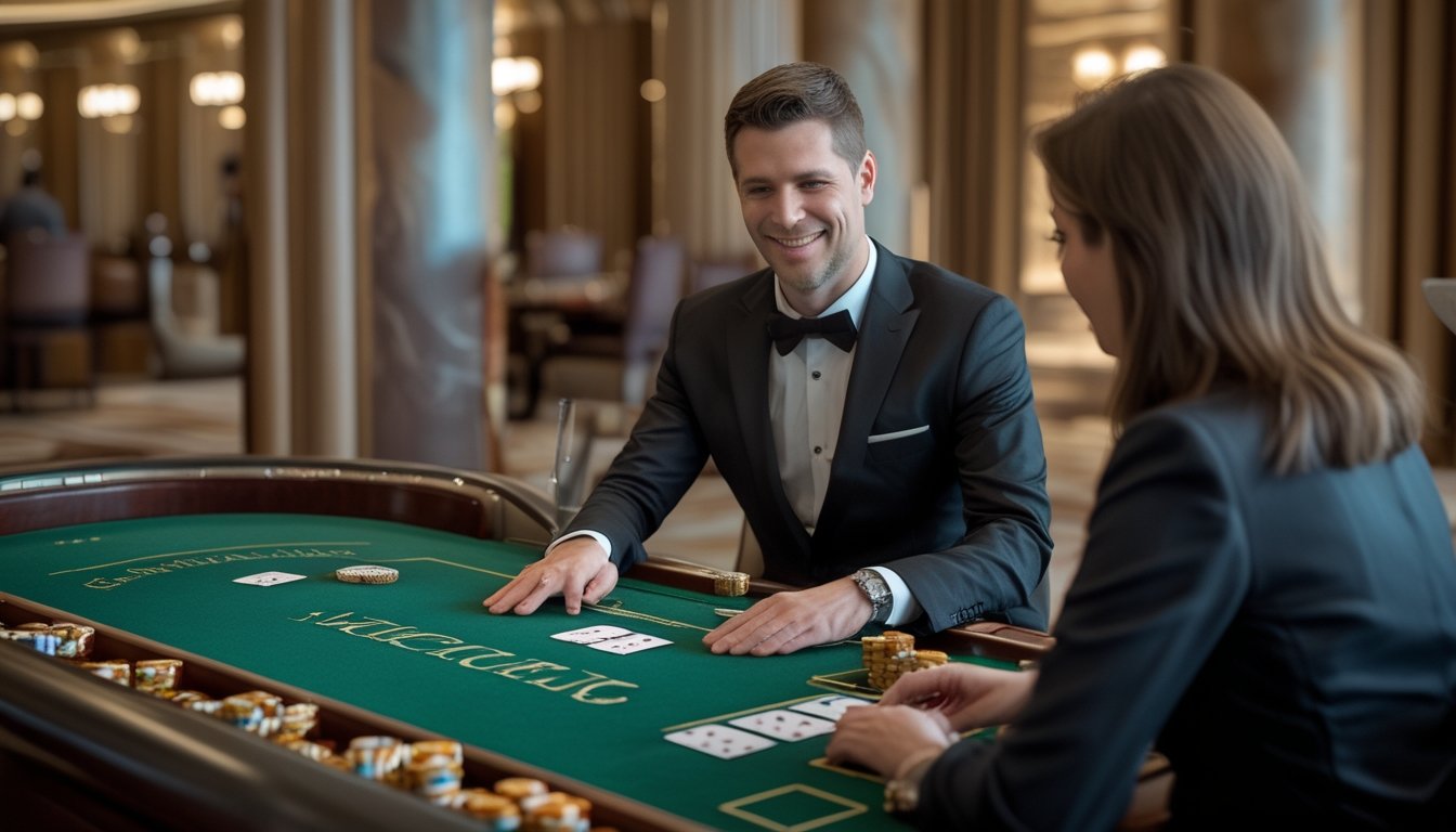 Seorang dealer menunjukkan permainan baccarat kepada pemula di meja kasino.
