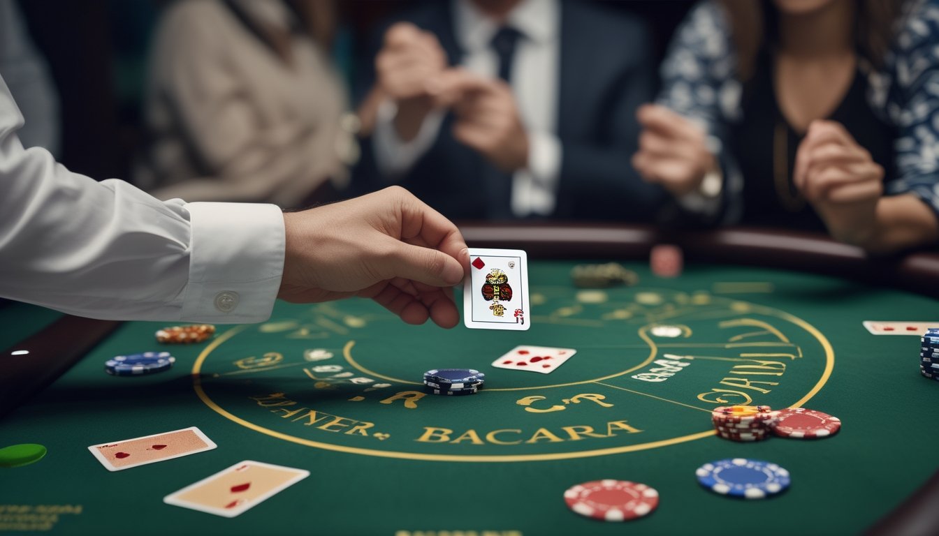 Dealer membagikan kartu baccarat di meja kasino dengan keping taruhan di atas kain hijau.