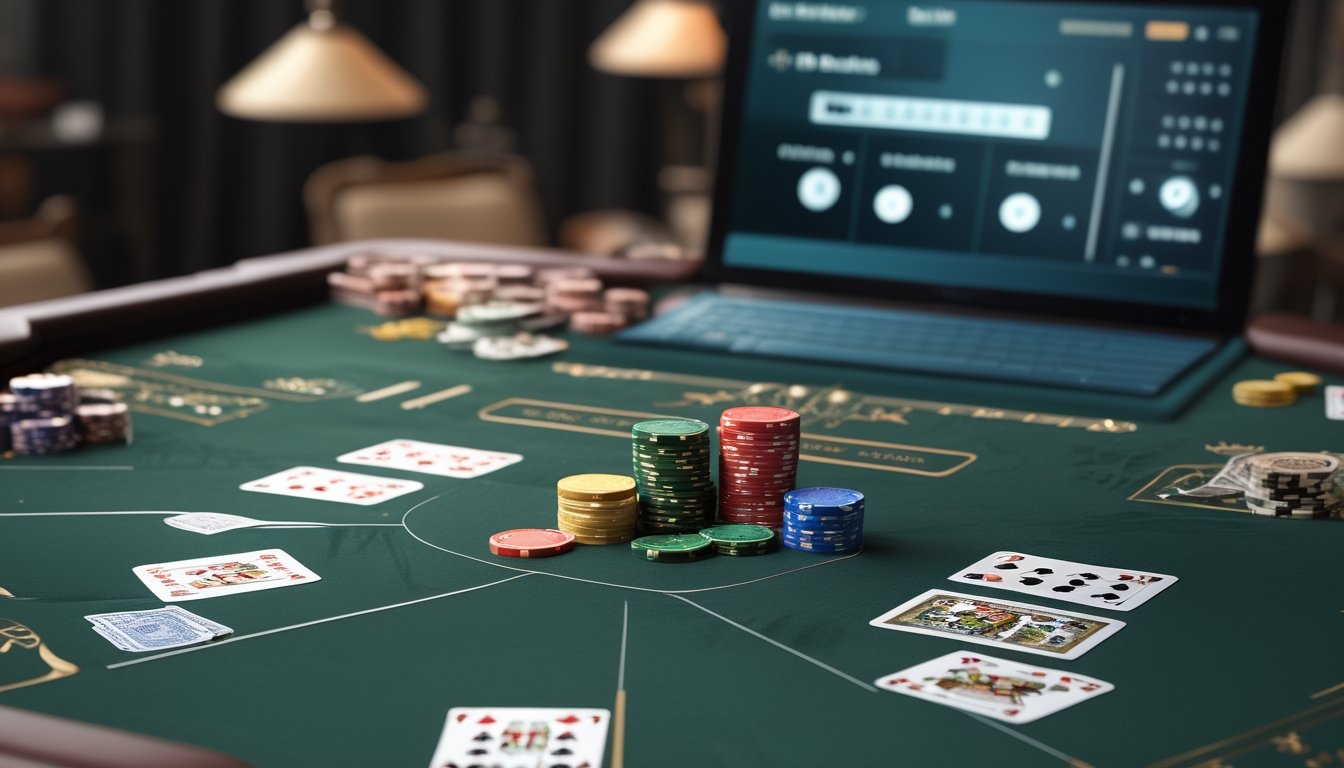 Meja baccarat dengan kartu dan tumpukan chip pada beberapa area taruhan.
