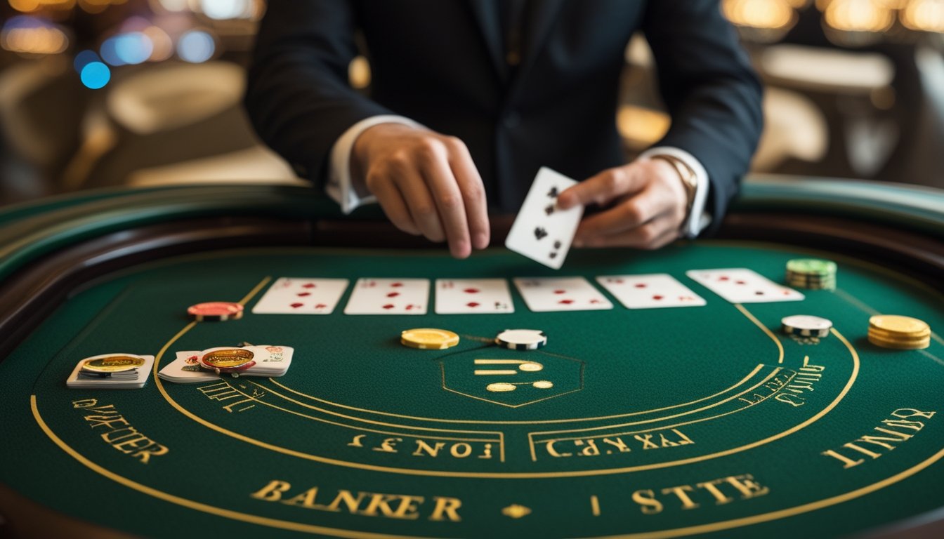Tangan dealer mengatur kartu dan chip pada meja baccarat dengan tiga area taruhan.