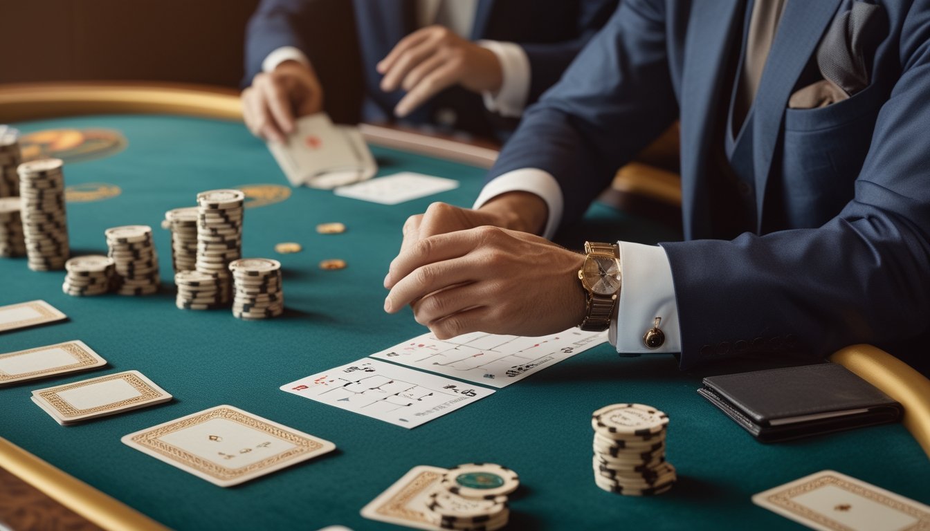 Seorang pemain mengamati kartu, keping taruhan, dan lembar catatan di meja baccarat.