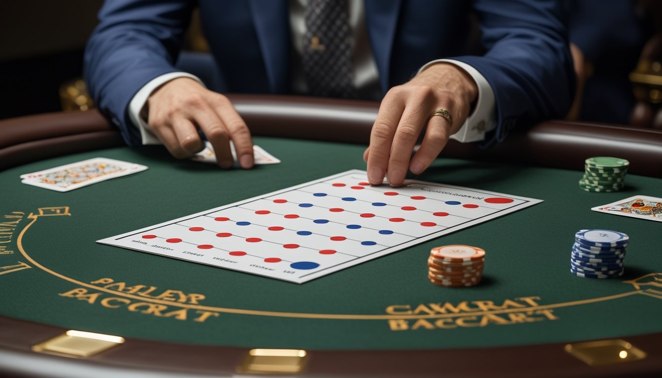 Seorang pemain memeriksa kartu skor Baccarat sementara dealer membagikan kartu di meja kasino.