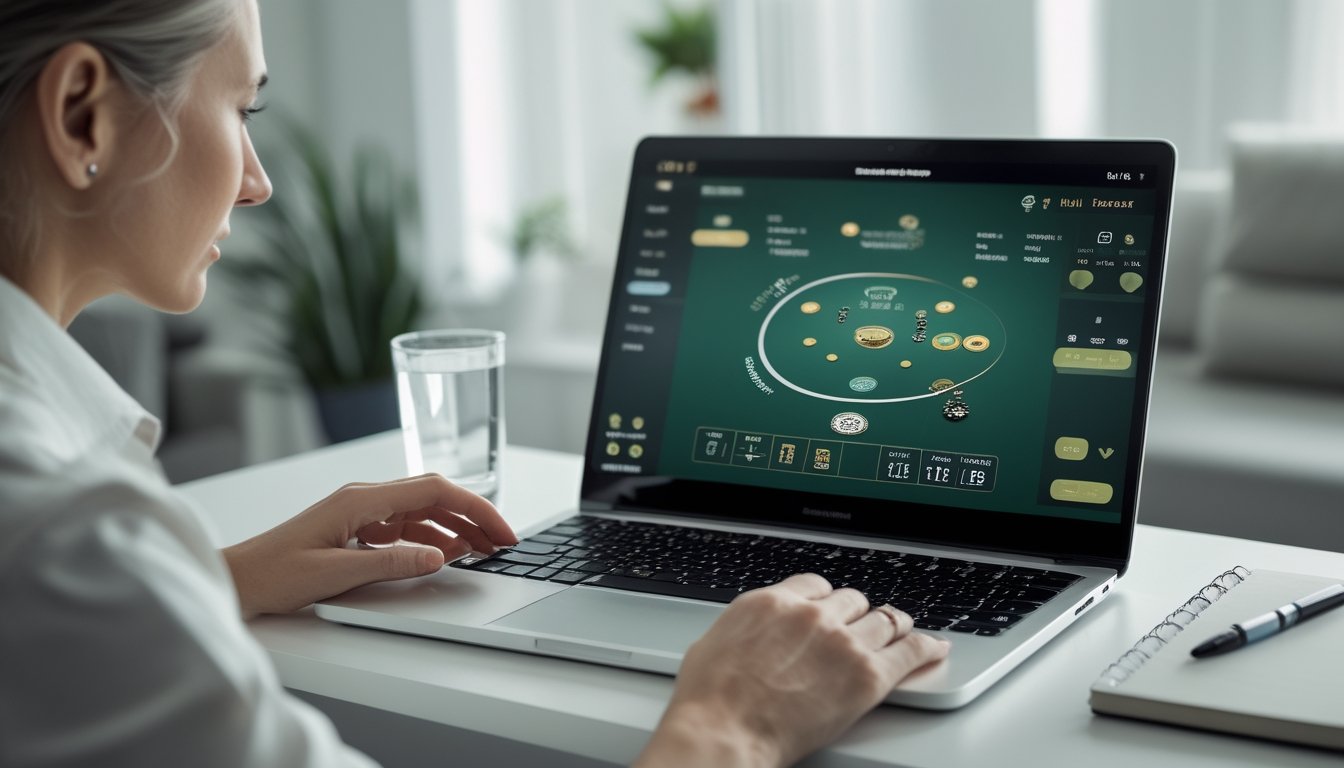 Seseorang mengatur tumpukan chip sambil meninjau permainan baccarat di laptop.