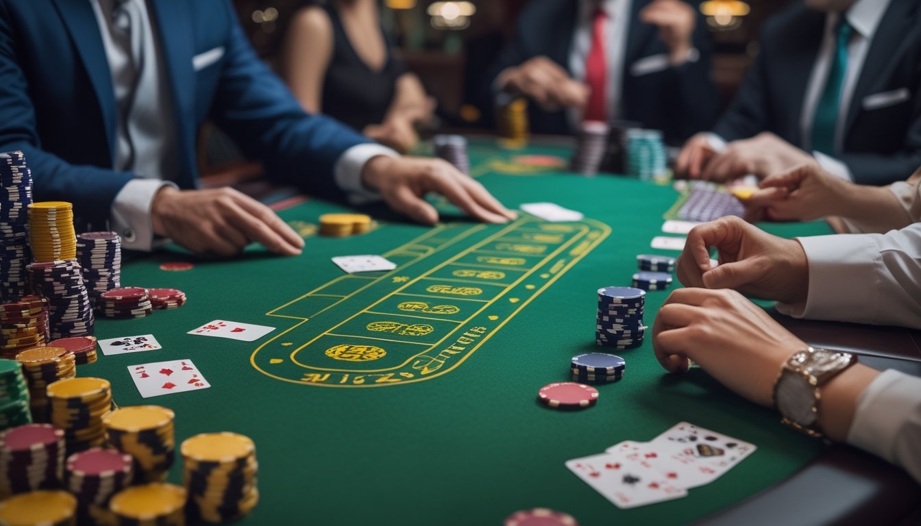 Dealer dan beberapa pemain dewasa bermain baccarat di meja kasino dengan kartu dan keping taruhan.