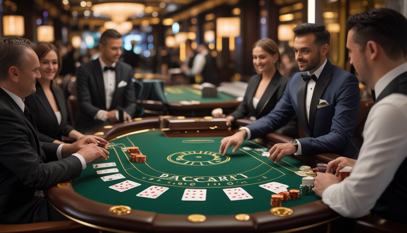 Dealer dan pemain berkumpul di meja baccarat dengan kartu dan keping taruhan.