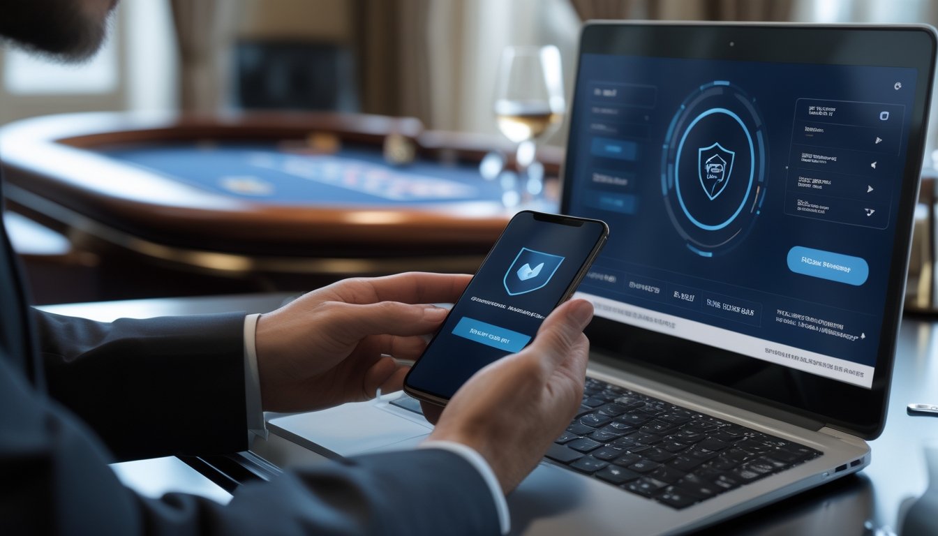 Seseorang menggunakan ponsel untuk mengonfirmasi transaksi di meja dengan laptop dan suasana baccarat di latar belakang.