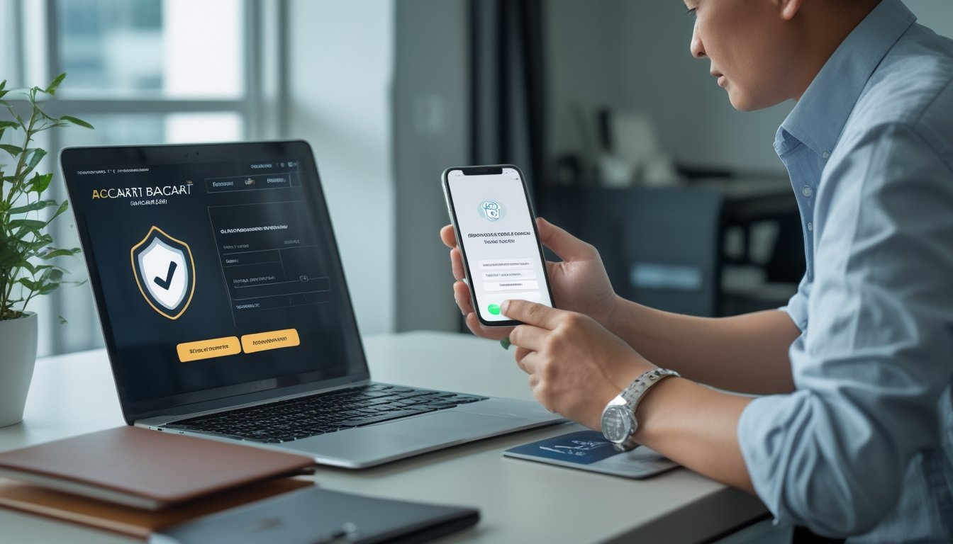 Seseorang memeriksa keamanan layanan online melalui ponsel dan laptop di meja.