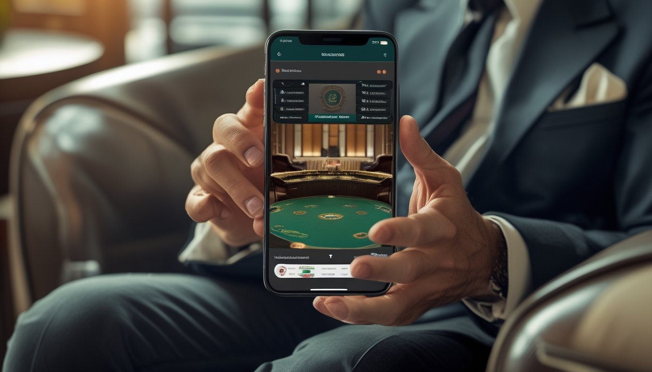 Seorang pria duduk di lounge sambil melihat permainan baccarat dengan dealer langsung di ponselnya.