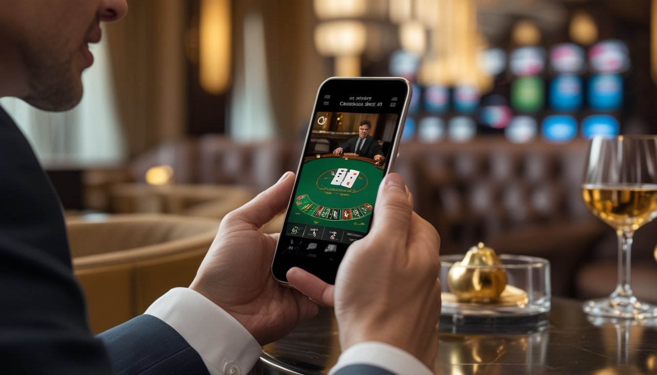 Seseorang menonton permainan baccarat langsung melalui ponsel di meja lounge.
