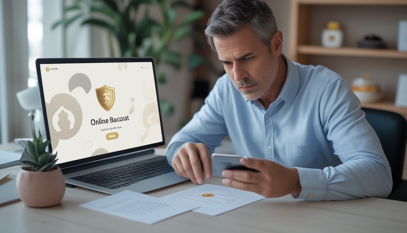 Seseorang memeriksa platform baccarat di laptop sambil meninjau daftar periksa keamanan.