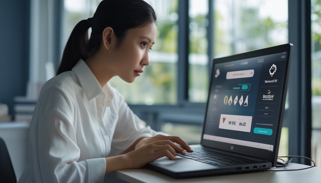 Seseorang memeriksa platform baccarat di laptop dengan sikap waspada.