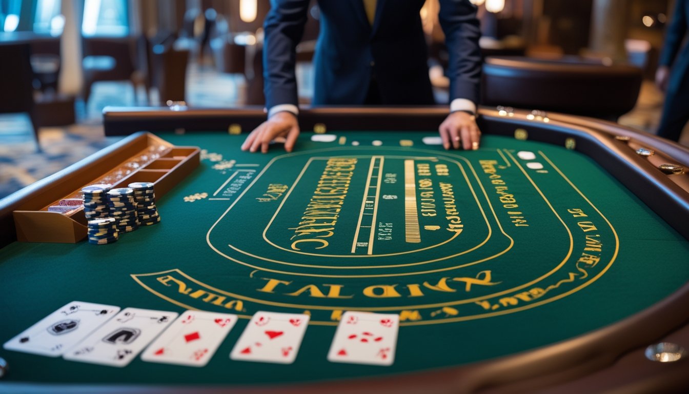 Meja baccarat dengan kartu dan tumpukan chip di kasino.