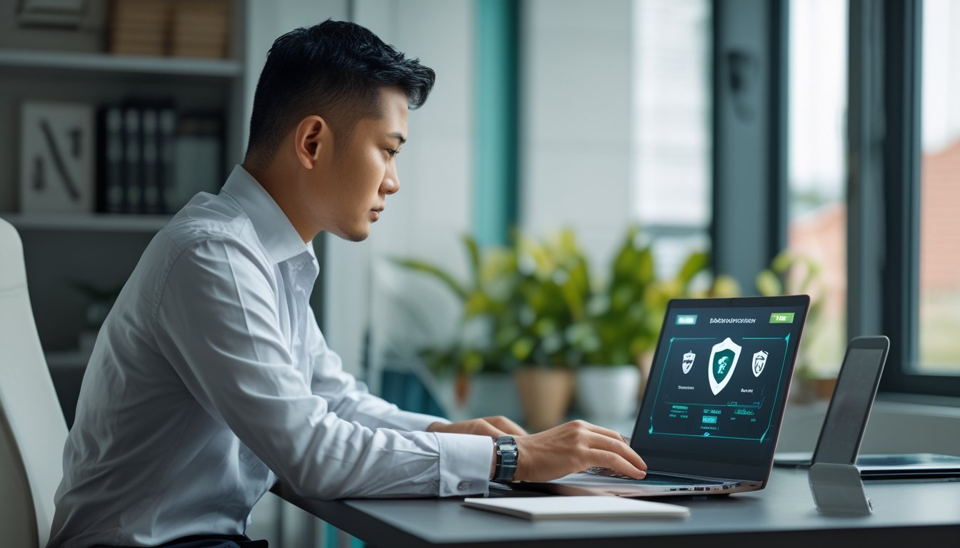 Seorang dewasa Indonesia memeriksa informasi keamanan pada laptop di meja kerja.