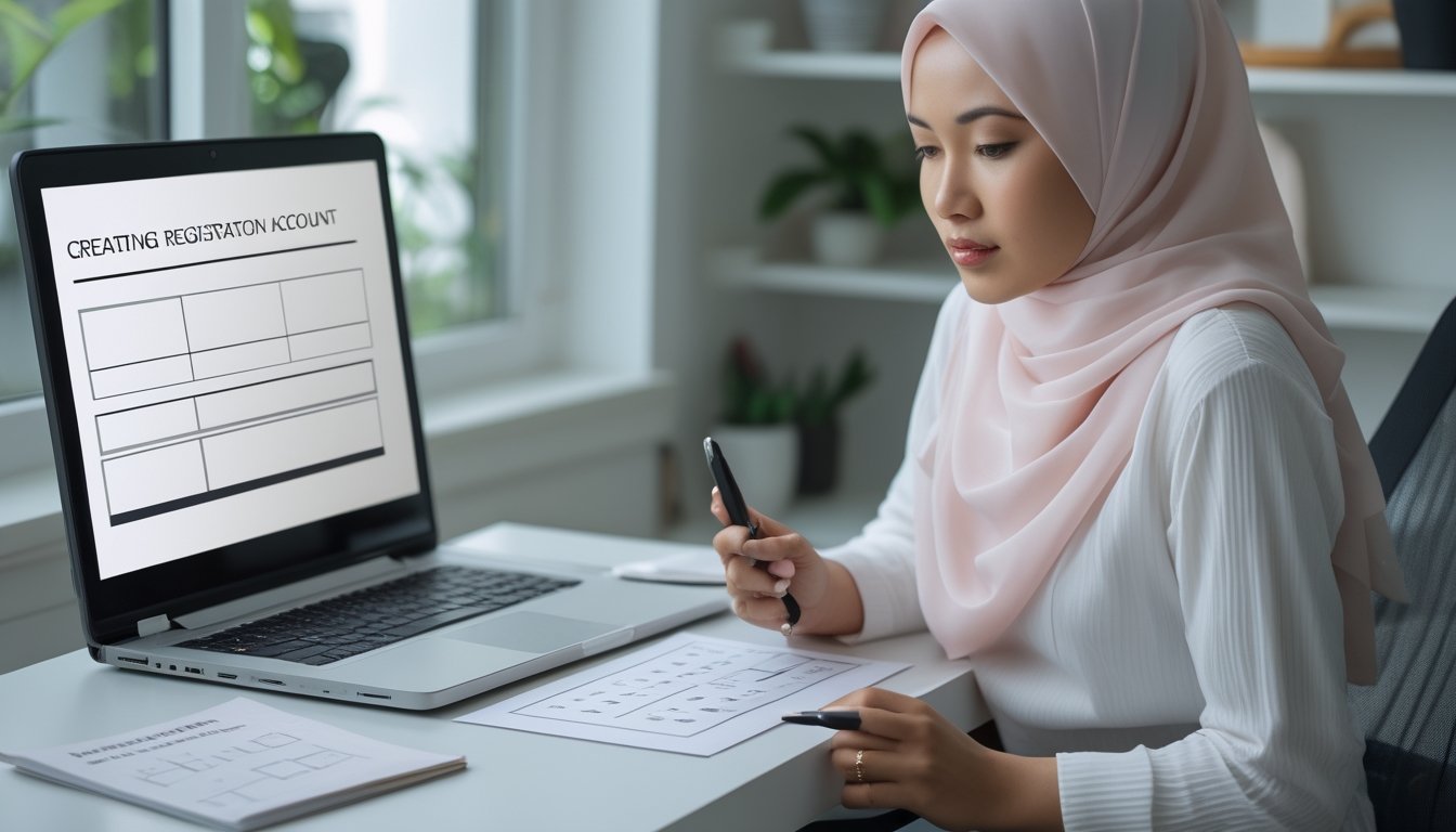 Seseorang memeriksa halaman pendaftaran akun di laptop sambil memegang ponsel dan menyiapkan daftar periksa.