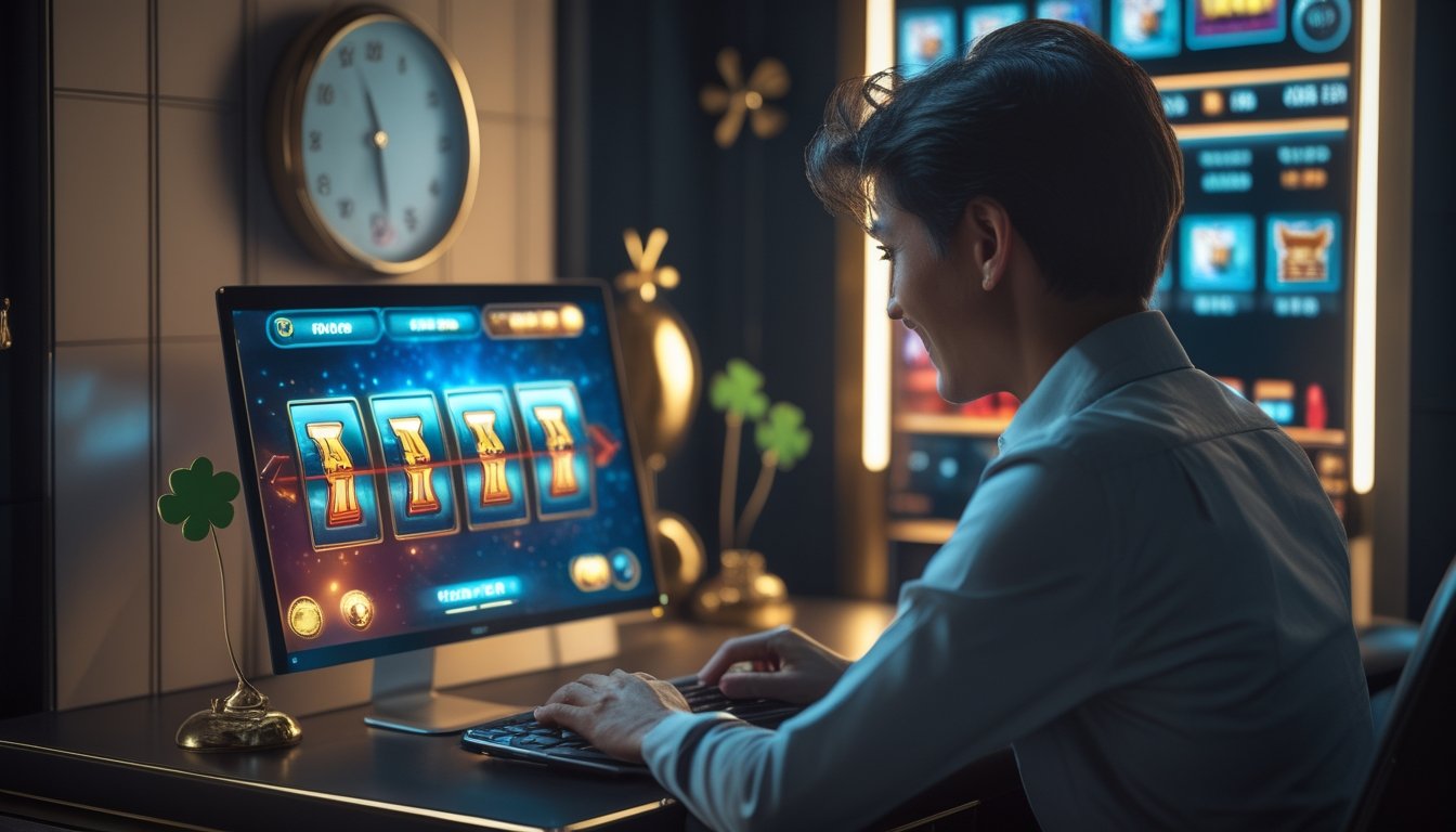 Seorang dewasa memainkan permainan slot di laptop di ruang hiburan modern.