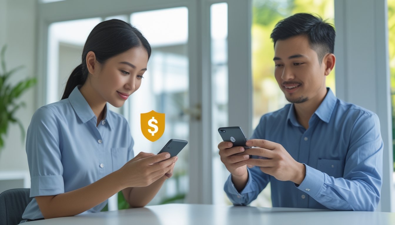 Seorang pelanggan menggunakan ponsel untuk melakukan pembayaran digital dengan bantuan agen.