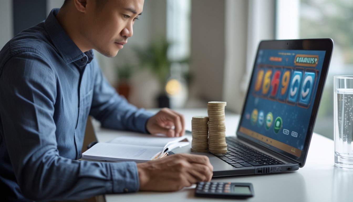 Seorang pria mengatur token permainan sambil memeriksa catatan anggaran di meja.