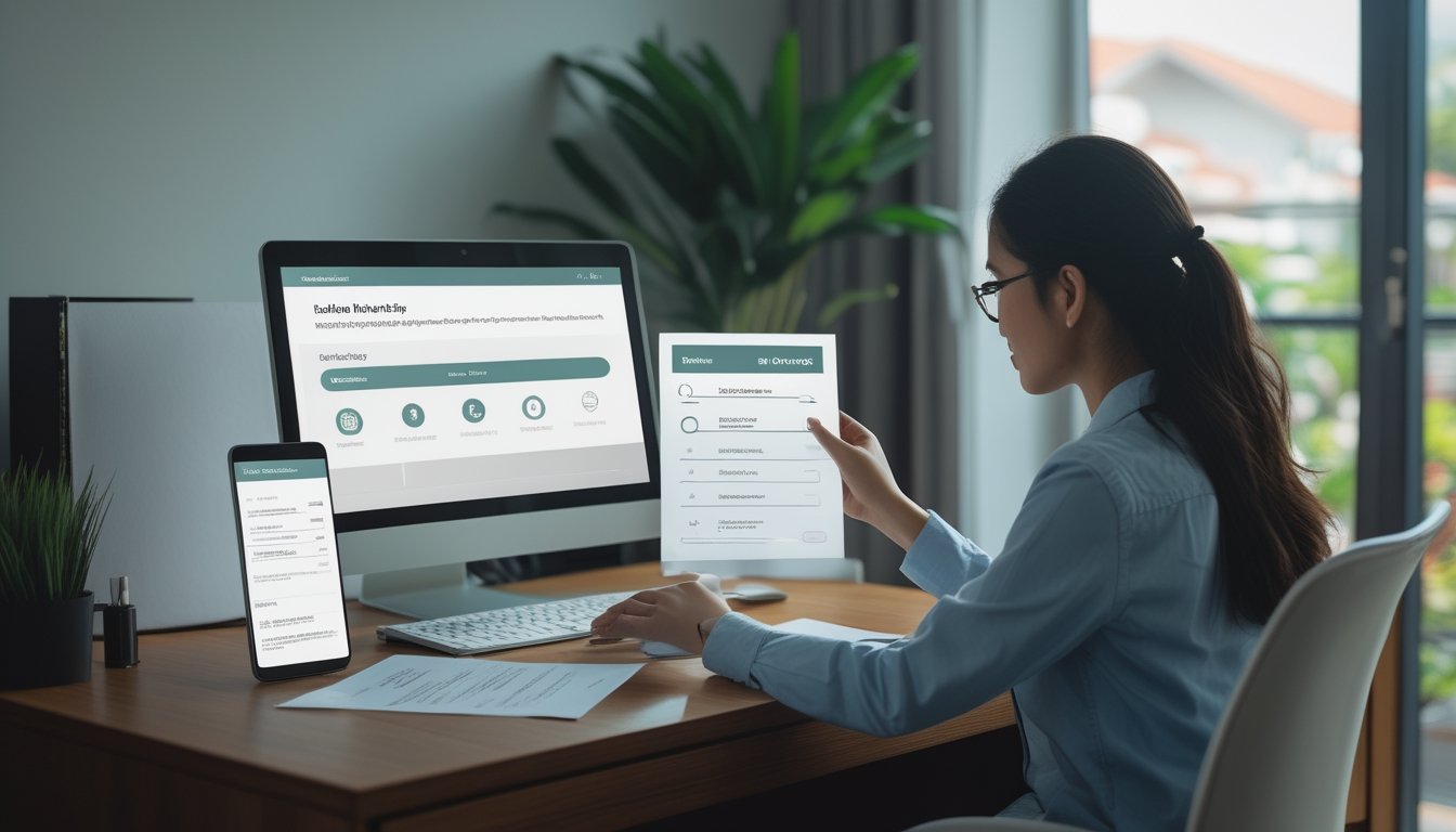 Seorang dewasa memeriksa situs web di laptop sambil membandingkan informasi pada ponsel dan dokumen.
