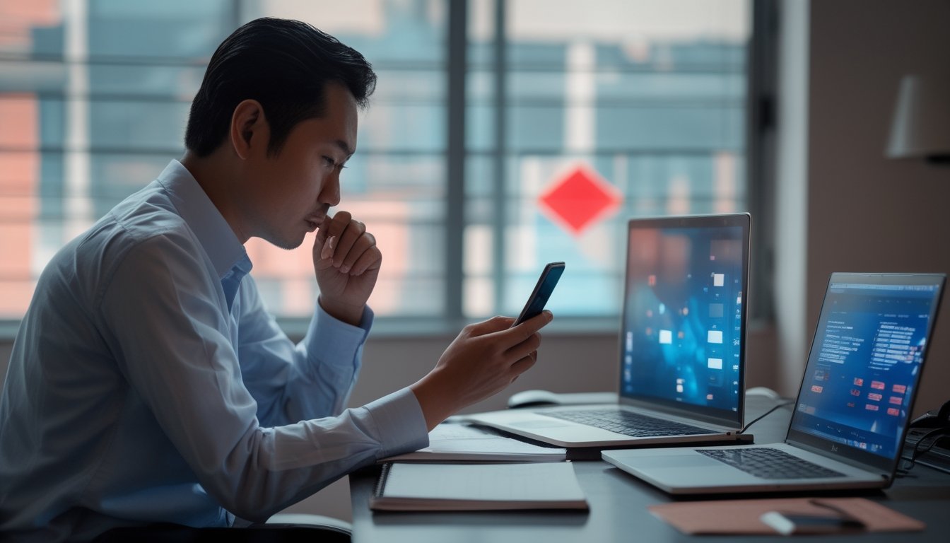 Seorang dewasa Indonesia memeriksa ponsel dan laptop di meja.
