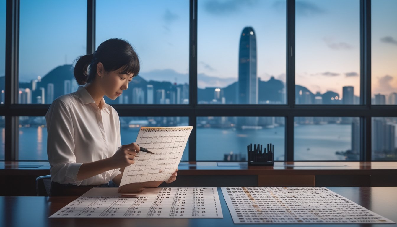 Seseorang memeriksa kalender dan lembar berisi pola angka di meja dengan pemandangan kota Hong Kong.