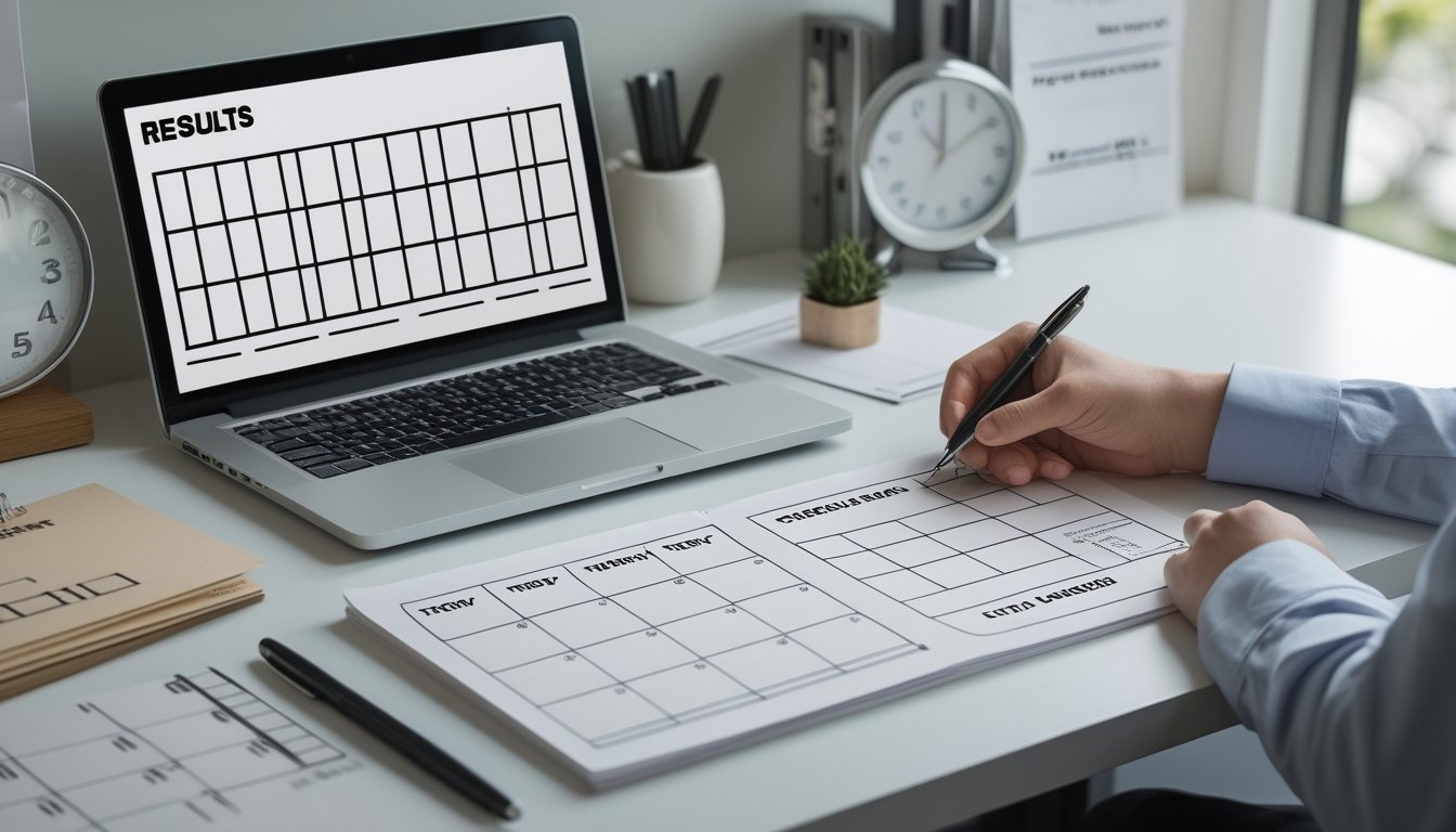 Seseorang memeriksa kalender dan tabel hasil di meja kerja.