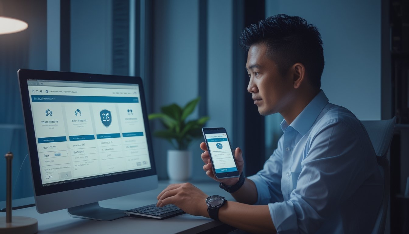 Seorang profesional menggunakan laptop dan ponsel di meja kerja pada malam hari.