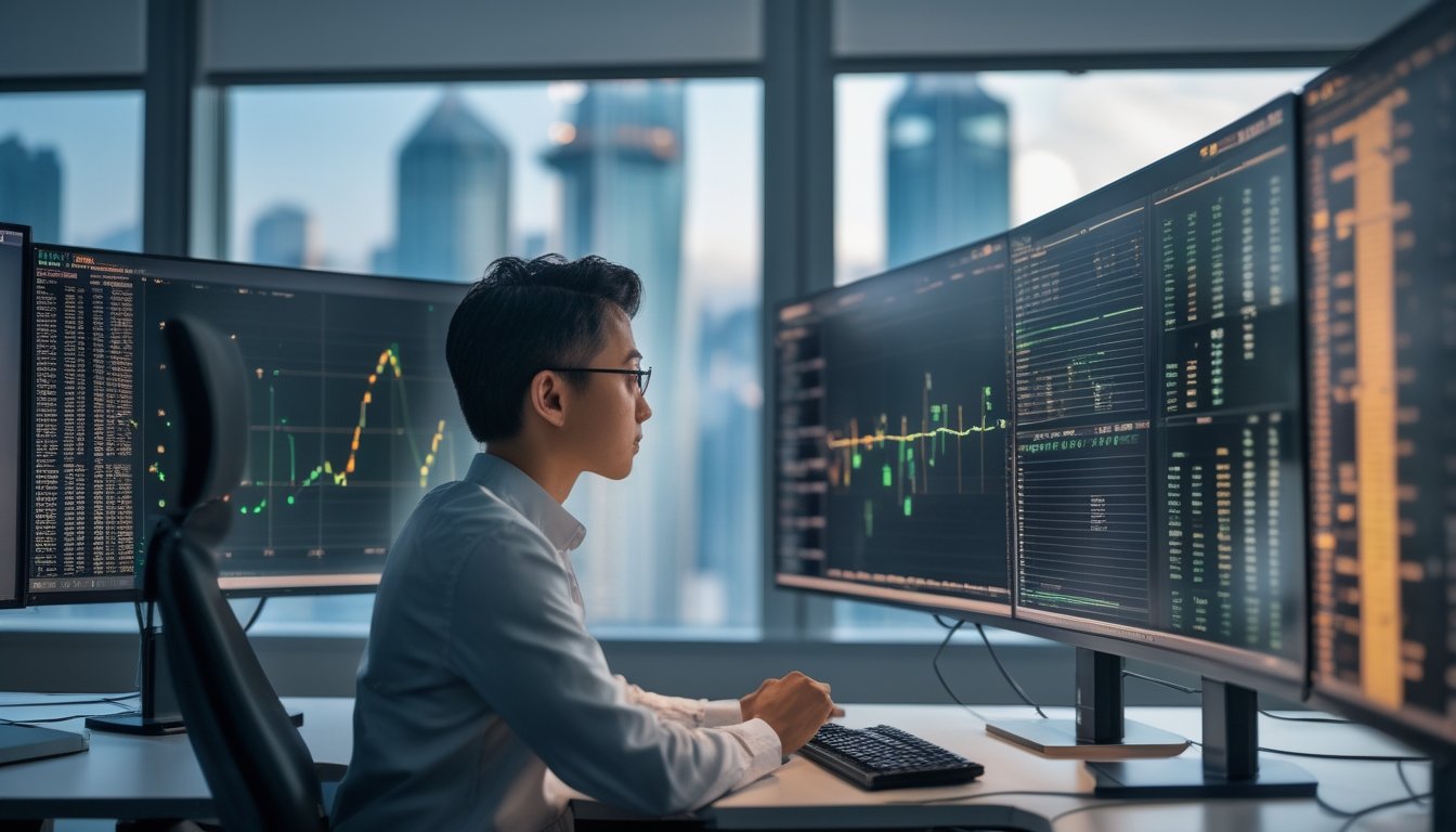 Seorang analis mengamati grafik data di kantor dengan pemandangan kota Hong Kong.