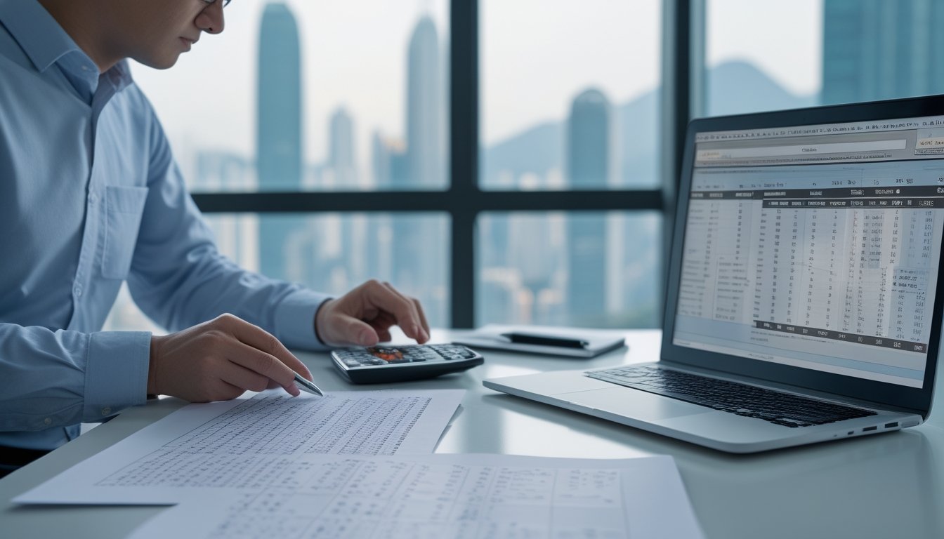 Seorang analis memeriksa lembar data dan grafik di meja kerja.