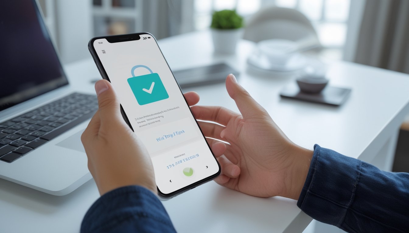 Seseorang menggunakan ponsel untuk melakukan pembayaran digital di ruang kerja.