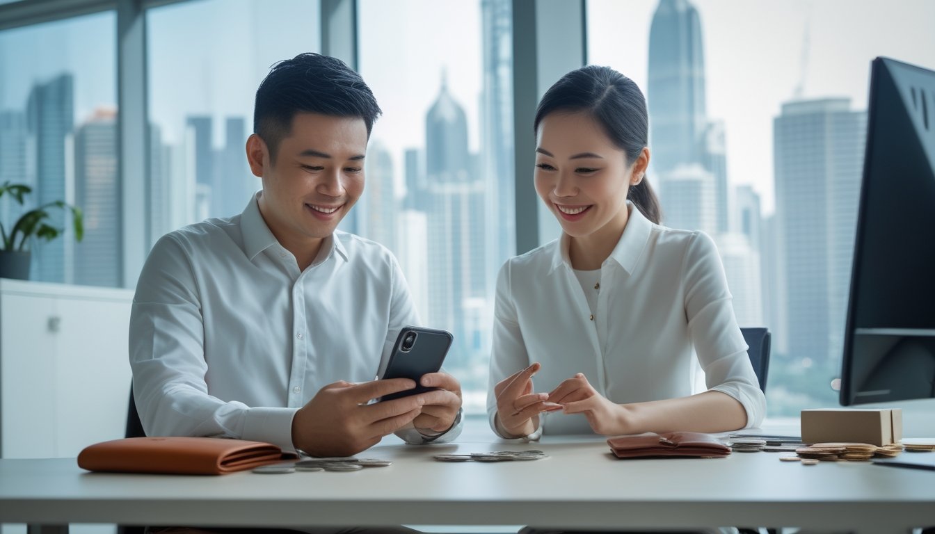 Seorang pelanggan melihat ponsel di kantor modern dengan perwakilan layanan pelanggan dan pemandangan kota Hong Kong.