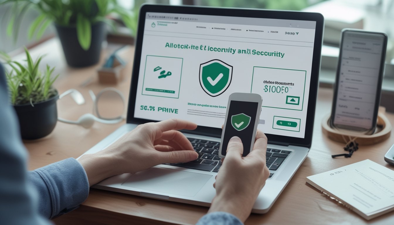 Seseorang memeriksa keamanan platform daring melalui laptop dan ponsel di meja kerja.