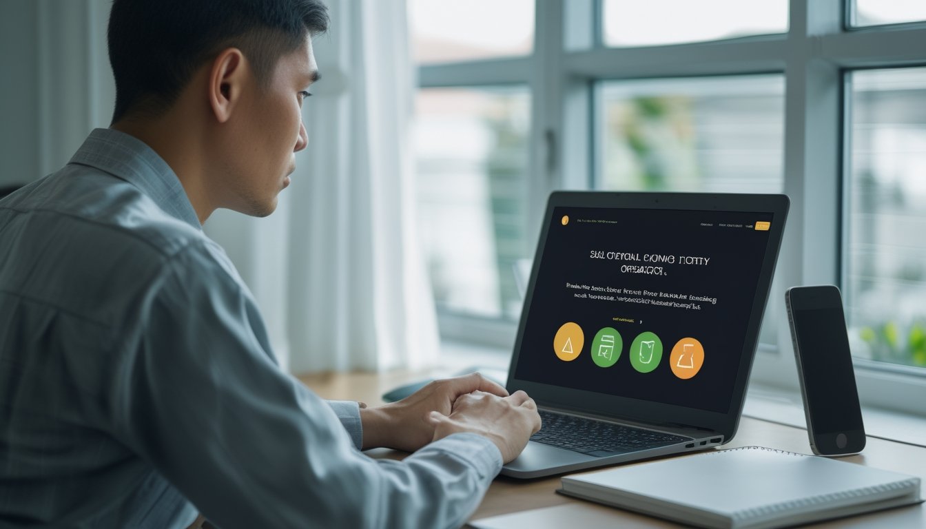 Seseorang memeriksa situs mencurigakan di laptop dengan sikap waspada.